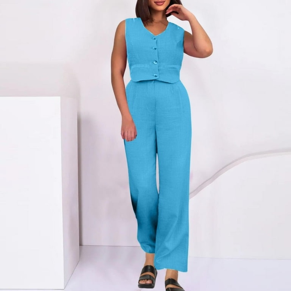 Blue Vest & Wide-Leg Trouser Set